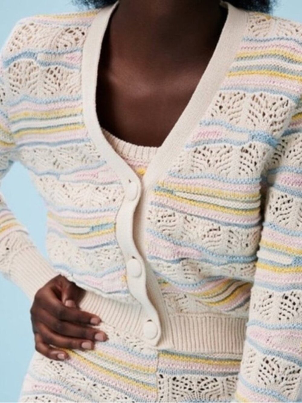 Zara Cream Crochet Cardigan with Pastel Stripes